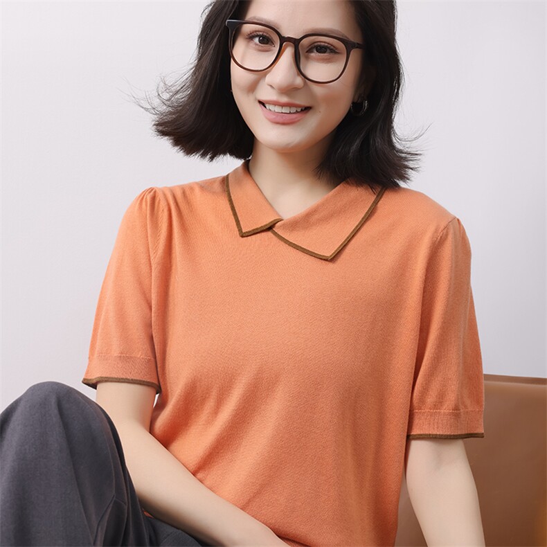 夏季不规则娃娃领针织短袖T恤女2025新设计感莱赛尔冰丝翻领小衫,女装T恤,冀清阳荣