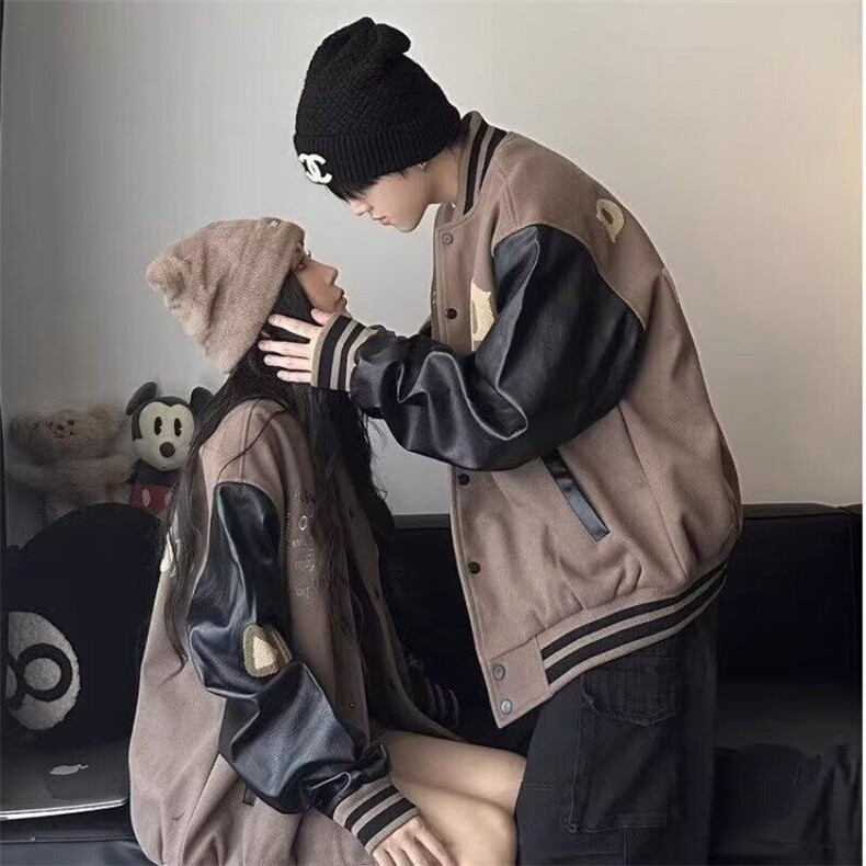WT166美式pu皮拼接高街棒球服情侣装ins宽松痞帅潮牌夹克外套,男装夹克,星座308A-1（原309B-1）