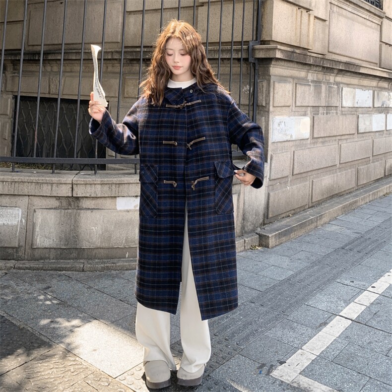 高级感中长款格子双面羊毛大衣女冬季2025复古连帽牛角扣毛呢大衣,女装毛呢外套,2D014