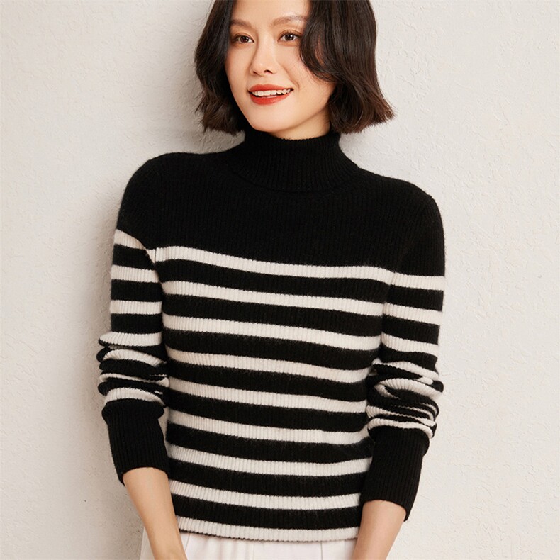 秋冬季35%羊绒65%羊毛休闲百搭12针条纹高领羊绒衫，女装羊绒衫，广悦羊绒