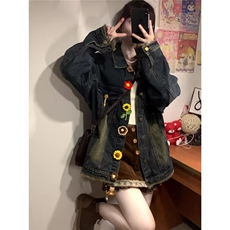 2580-P73做旧水洗牛仔外套女花朵2025新款设计感宽松百搭休闲，男装工装外套，电商B323A