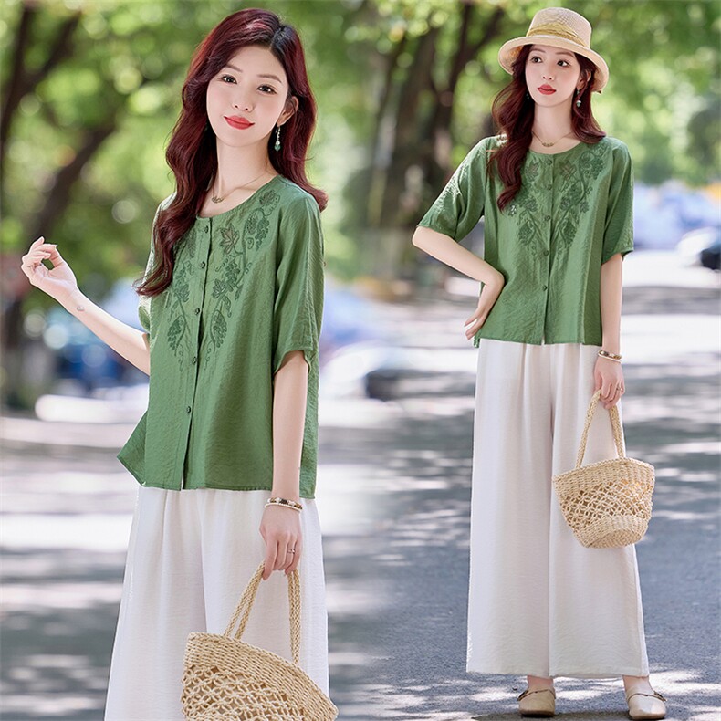 现货！夏季新款2025套装女简约时尚优雅气质天丝麻刺绣两件套，女装套装/套裙，魅影