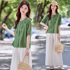 现货！夏季新款2025套装女简约时尚优雅气质天丝麻刺绣两件套，女装套装/套裙，魅影