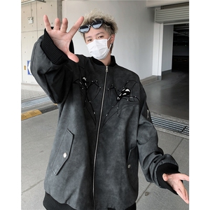 春秋蜘蛛刺绣pu皮夹克男女款拉链休闲宽松街头棒球服外套-W8555图片