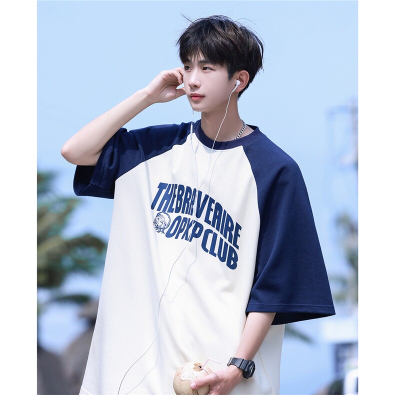 撞色拼接少年感t恤男夏季日系cityboy短袖潮牌潮流重磅七分袖衣服,男装T恤,电商A148