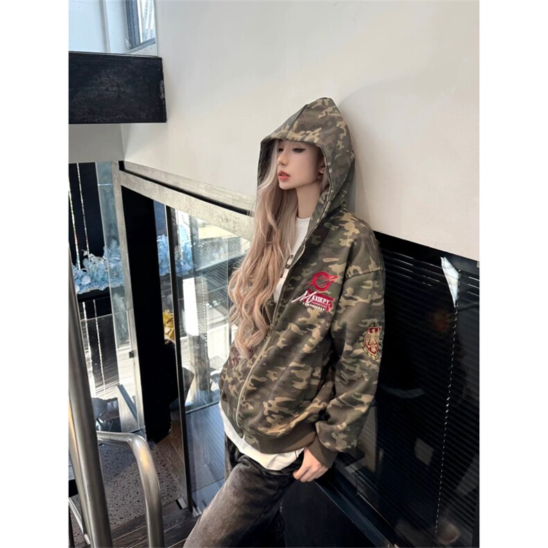 网图现货美式复古迷彩开衫连帽华棉卫衣男女A963-常规P59加绒P64,男装卫衣,星座1505