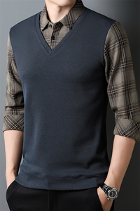 男士假两件t恤毛衣针织衫套衬衫领子时尚中年爸爸装保暖新款条纹图片