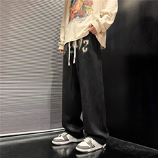 麂皮绒休闲裤男韩版潮字母刺绣2024秋冬新款ins宽松长裤K3021-P37，男装休闲裤，星座412-3