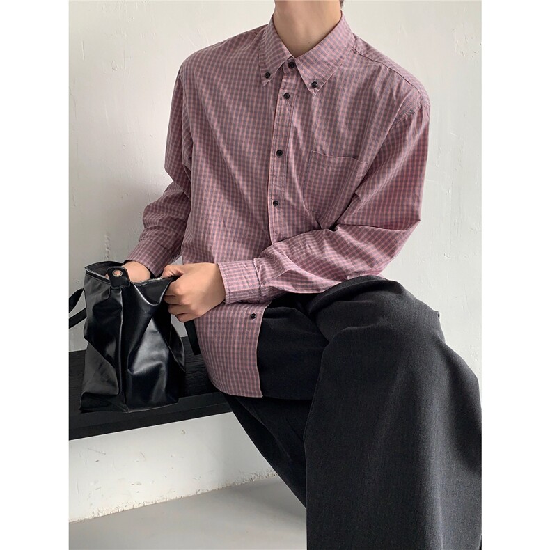 权一早秋设计感廓形翻领格子衬衫男慵懒休闲覆古长袖衬衫小众潮,男装衬衫,星座1210-1