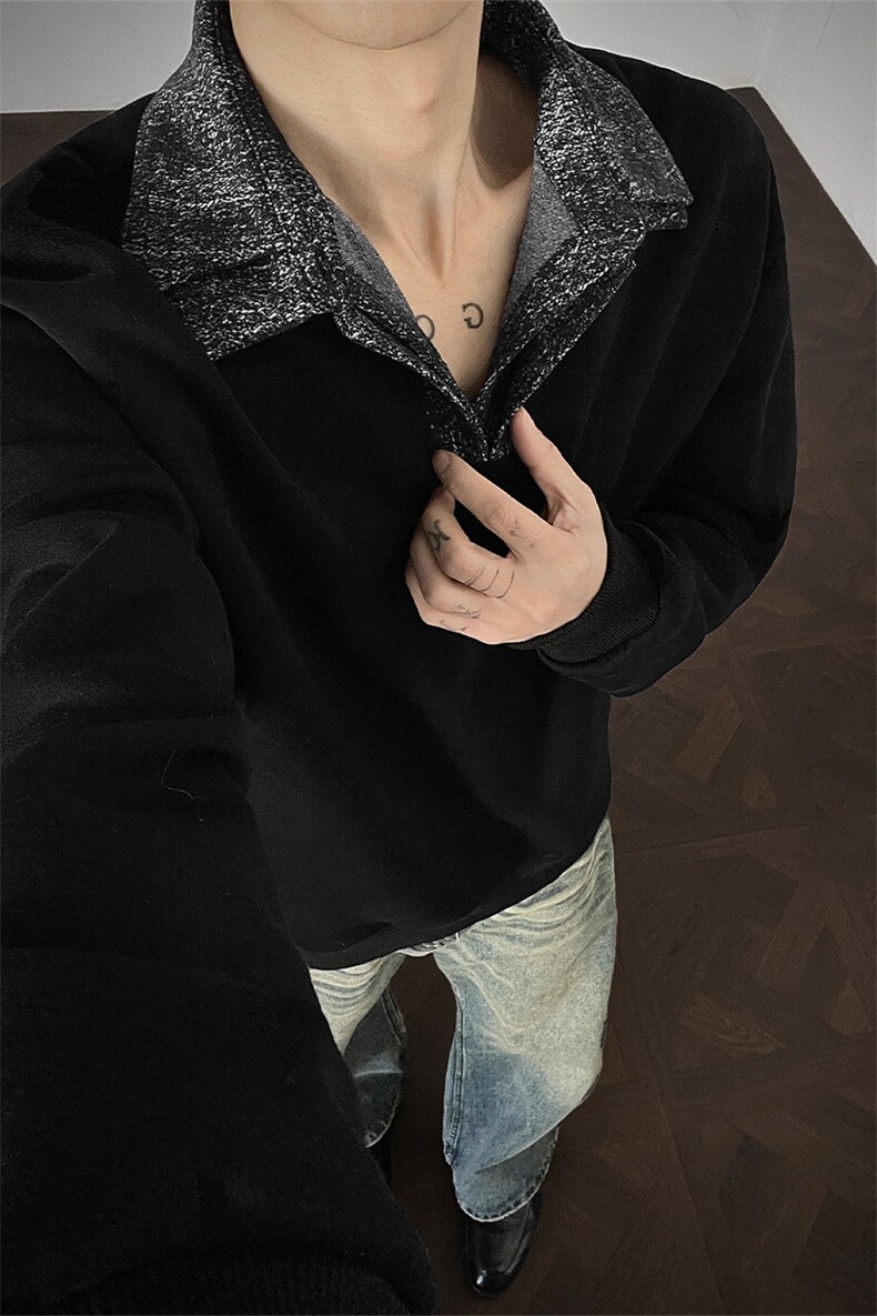 男士春秋卫衣设计款美式长袖打底衫polo衫假两件双领卫衣外套男,男装T恤,电商B319