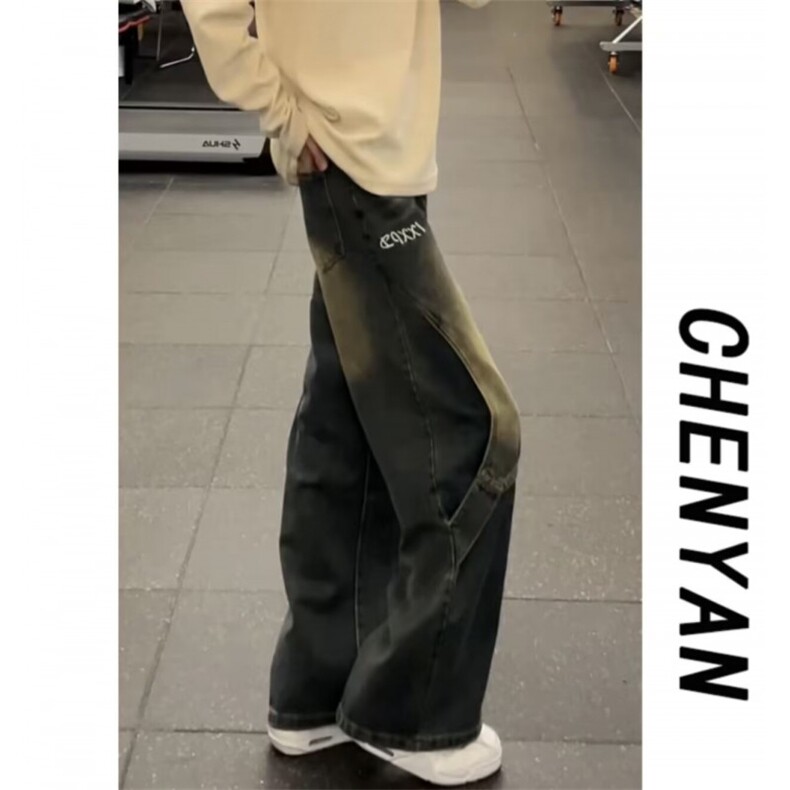 美式春秋潮解构拼接设计直筒牛仔裤男复古重工做旧水洗显瘦阔腿裤,男装牛仔裤,四季星座505