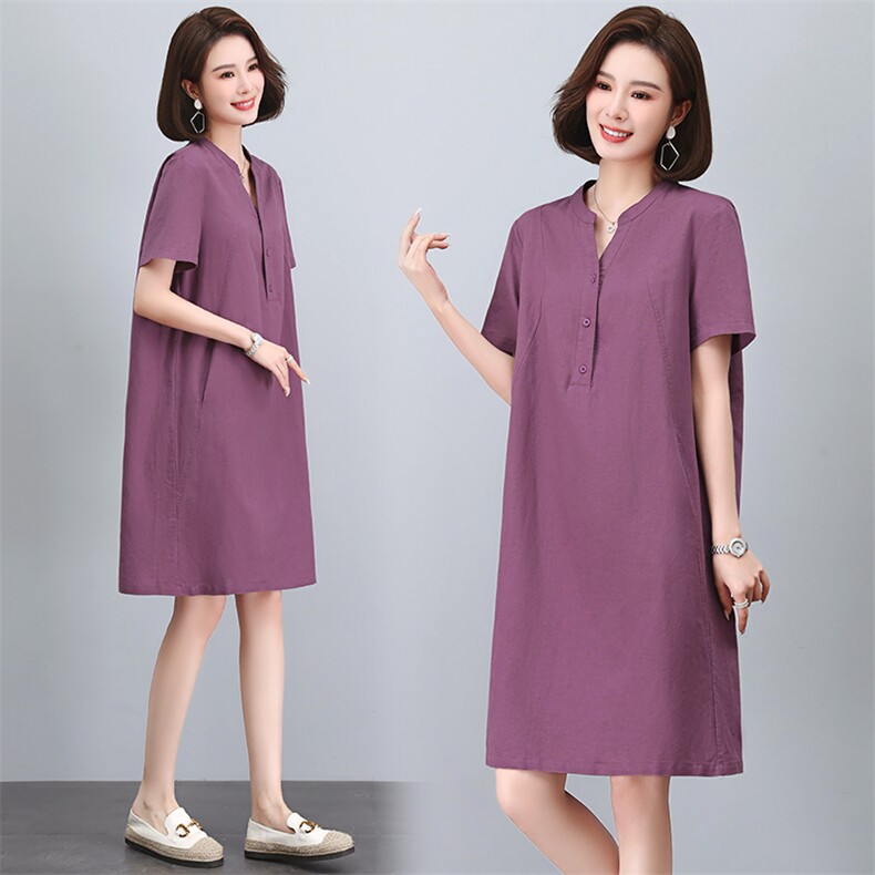 时尚显瘦棉麻立领连衣裙夏季新款宽松大码女装裙子,女装连衣裙,文熹诺