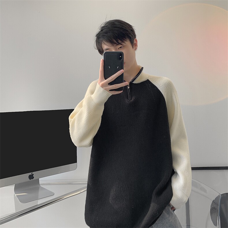 8XL-M半拉链立领毛衣外套男针织衫慵懒拼接插肩袖线衣MY19001P78图片