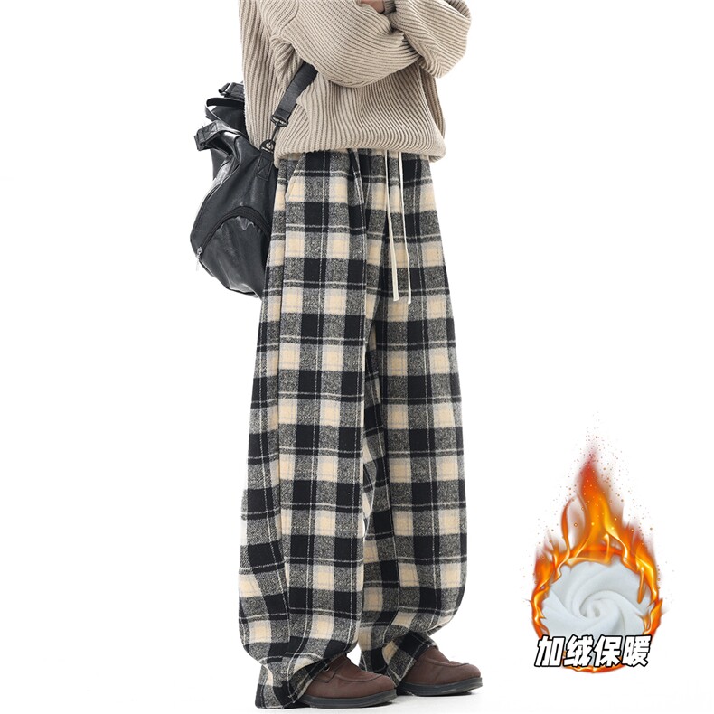YK359加绒特P45无影墙冬装加绒加厚氛围感格子宽松阔腿休闲裤，男装卫衣，电商A249