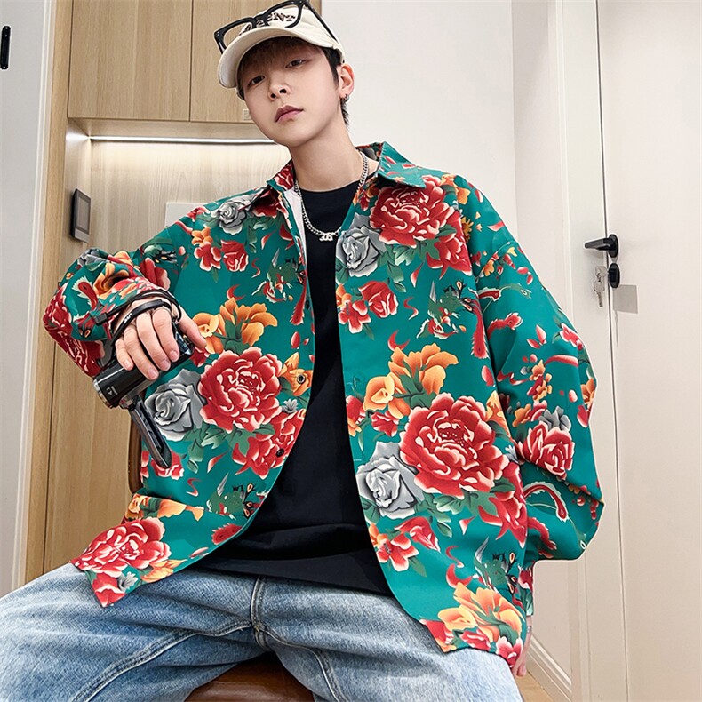 C1长袖男士宽松东北大花港风衬衣外套民族特色团队服，男装民族服装，星座115A(原星座507）