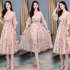 大摆型花色中腰A型雪纺2021年夏季通勤气质百搭连衣裙，女装连衣裙，丽美静依