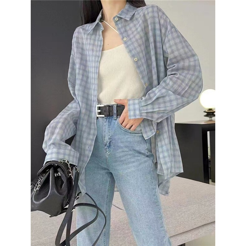 蓝色格子衬衫女秋季防晒衬衣慵懒风开衫薄款休闲长袖图片