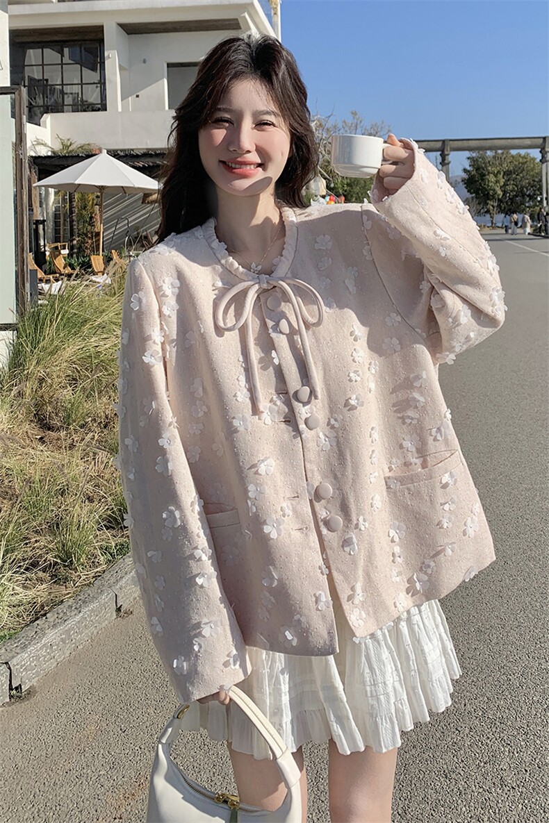 粉色花朵新中式国风棒球服女春设计感国风新款奶乎乎爆款减龄外套,女装短外套,含赞