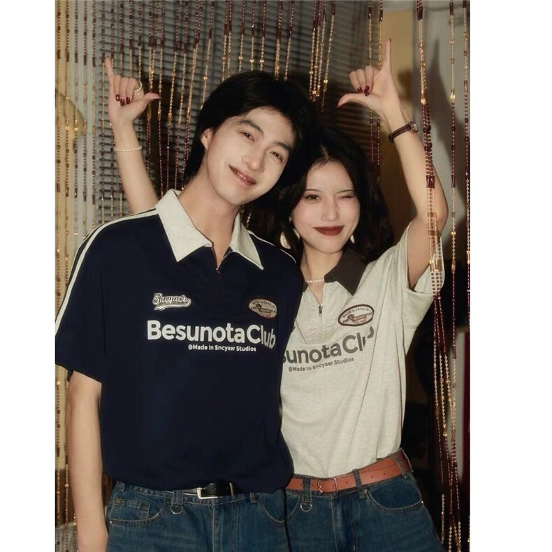 美式复古撞色拼接翻领短袖T恤半拉链POLO衫夏季情侣装LA788-p41,男装Polo衫,星座1008