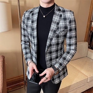 2021春新款西装 男士黑白格子西装商务休闲西服西外套806-图片
