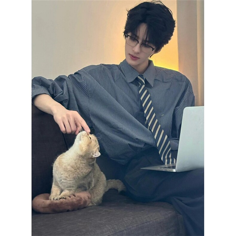 细条纹衬衫宽松廓形大版小刺绣学院长袖防晒休闲衬衣C2260，男装防晒衣，星座1116A（原606A-3）