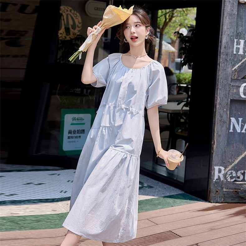 时尚拼接纯棉U领连衣裙女2025夏装新款今年流行爆款泡泡袖长裙子,女装套装/套裙,魅影