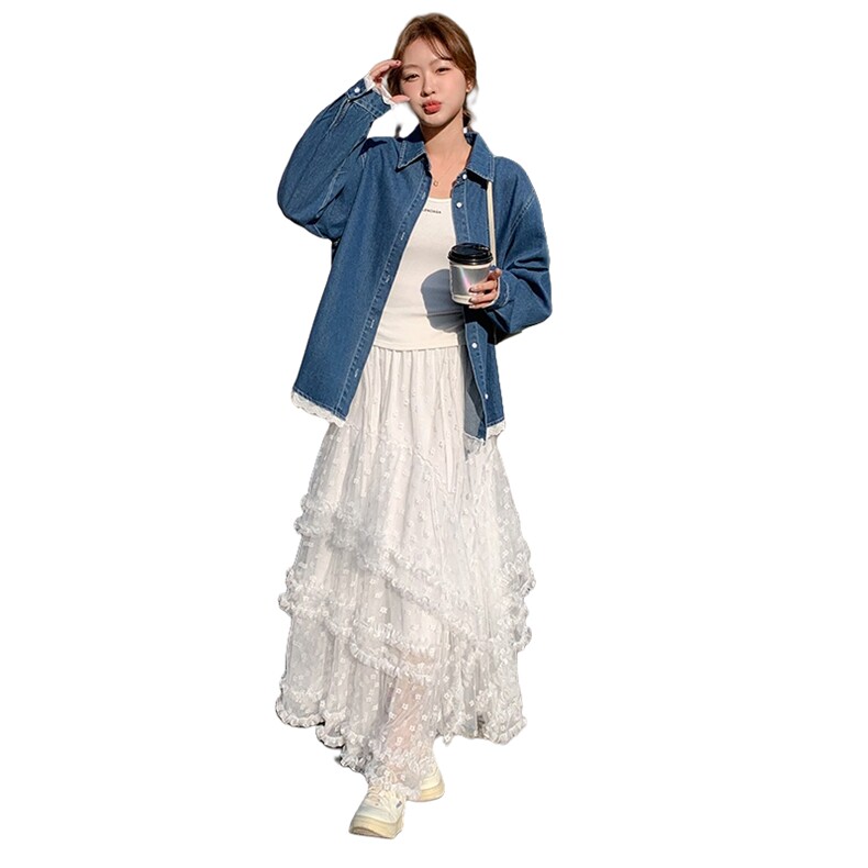 蕾丝拼接百褶半身裙套装女春秋2025新款两件套休闲ootd穿搭超好看,女装套装/套裙,2D148