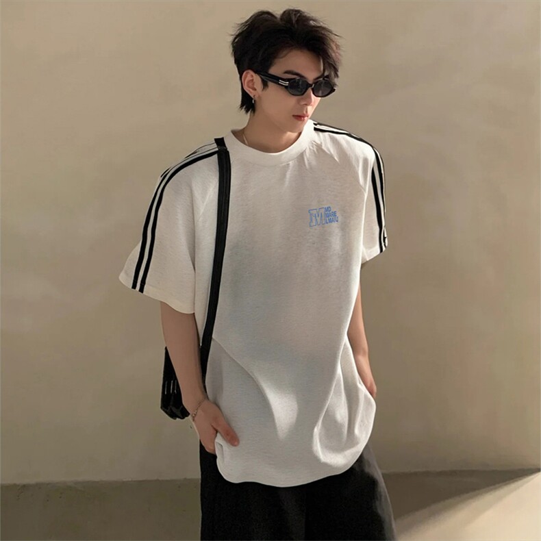 抖音得物高品质二开240克宽松纯棉美式潮牌三条杠织带短袖T恤,男装T恤,电商A486