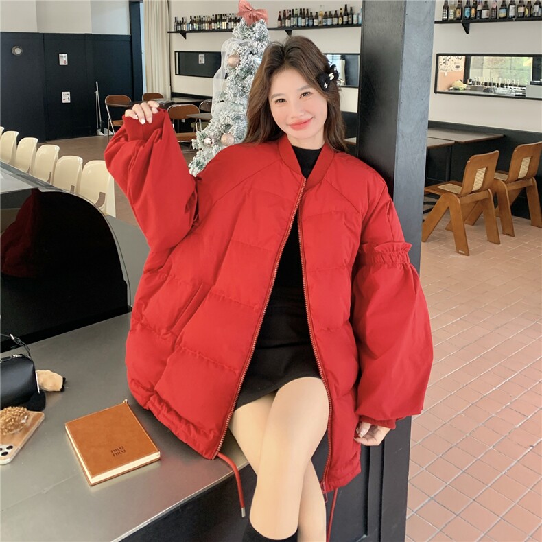 新年红色花边棒球羽绒服女2025新款韩版加厚宽松休闲90白鸭绒外套,女装羽绒服,维壹