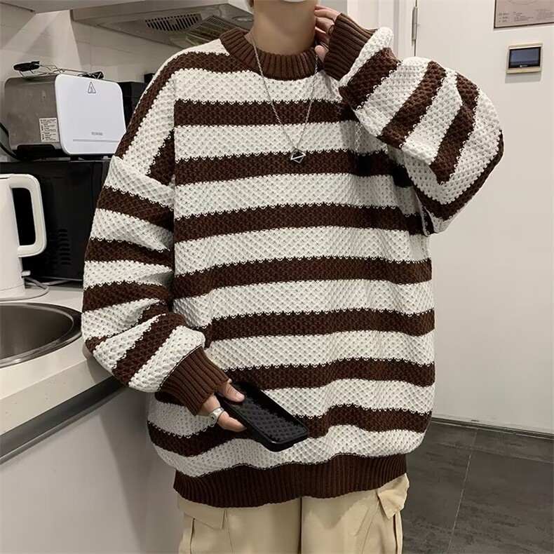 新款条纹潮流圆领男士毛衣男款冬季宽松慵懒风针织衫M7128,男装针织衫/毛衣,星座1116A-1（原606A）