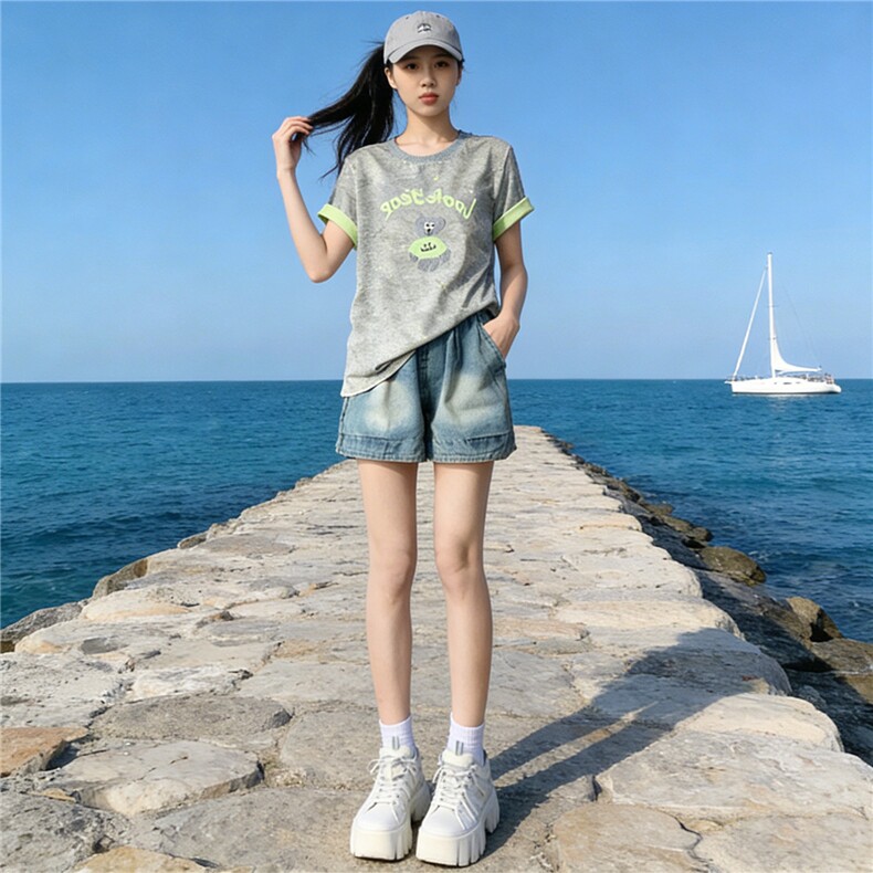 韩系休闲运动时尚套装女夏新款圆领扎染刺绣上衣牛仔短裤两件套潮，女装套装/套裙，江南