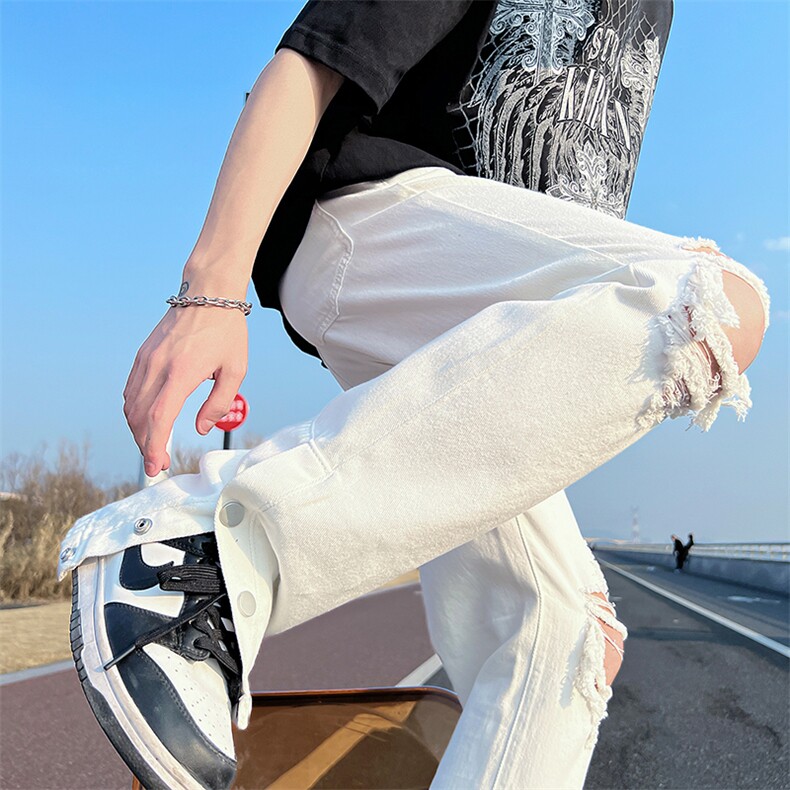 现货高街破洞牛仔裤男白色排扣开叉直筒裤女嘻哈长裤子K00-P50,男装牛仔裤,星座205