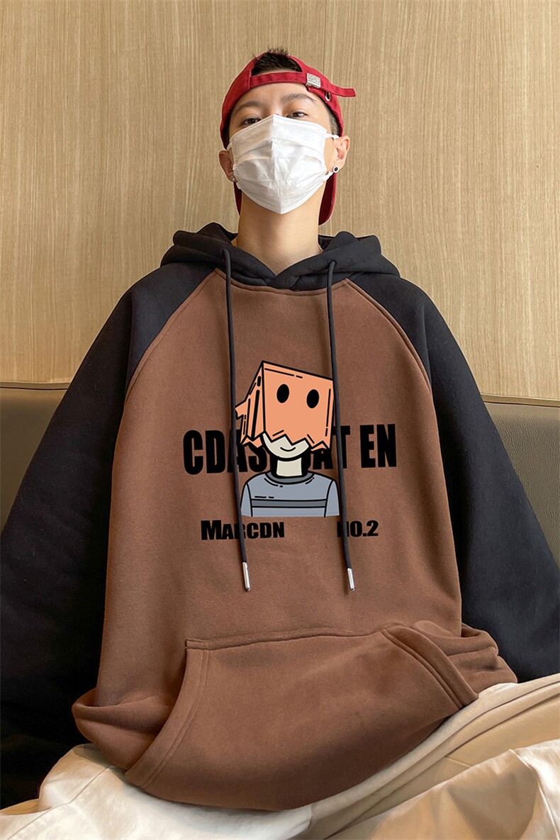 2025港风春款纸袋人印花撞色插肩袖连帽卫衣WY654P58控78,男装卫衣,电商A247