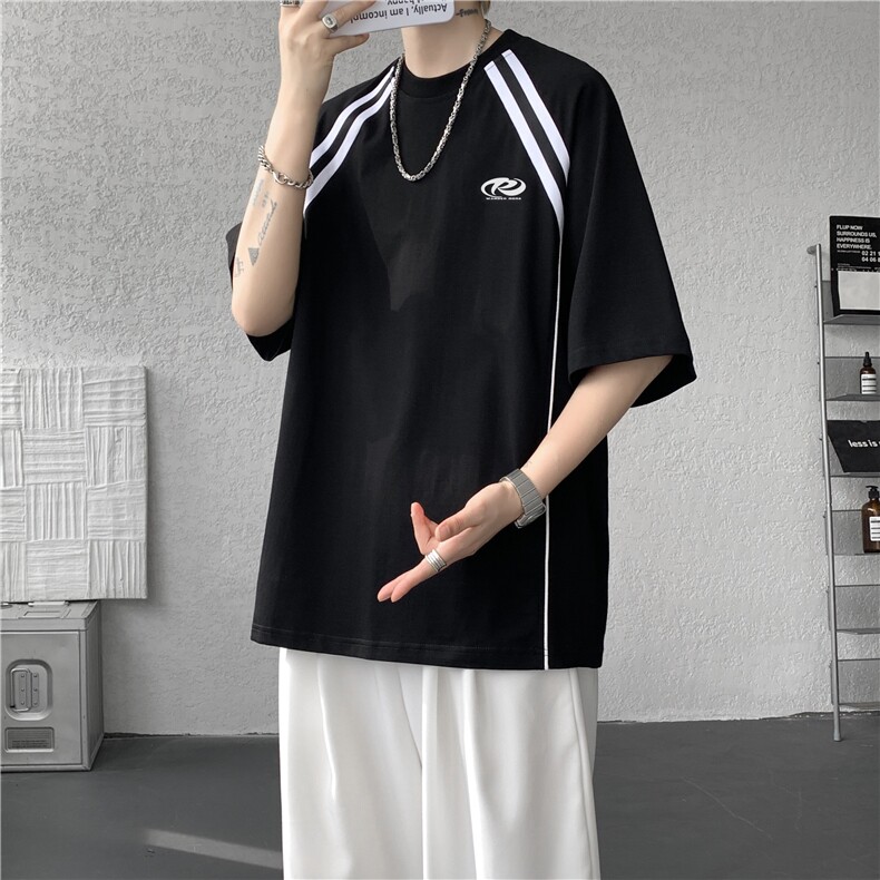 抖音品质夏季新款美式条纹落肩宽松短袖T恤B315-ST004-特p35控68图片
