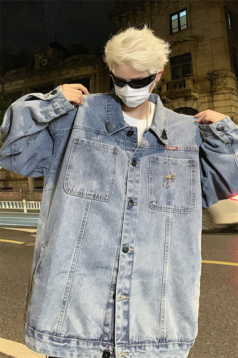 男装牛仔外套2026秋季绣标印花男生翻领夹克上衣XZ514-2-N95-P88,男装工装外套,星座514-2(原B239)