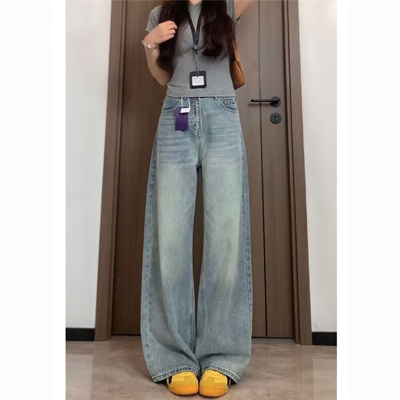 复古蓝直筒牛仔裤女春秋大码显瘦梨形身材宽松阔腿裤,男装牛仔裤,星座302B-2