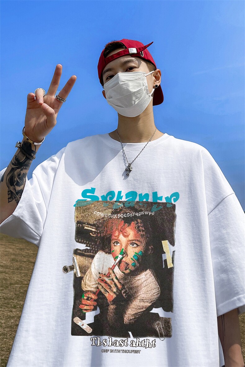 欧美潮牌油画t恤男设计感小众美式高街短袖oversize情侣装七分袖,男装T恤,星座508（原C305）