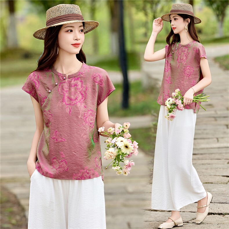 2026年夏季清凉透气复古大花人丝时尚减龄中古风出游女两件套，女装套装/套裙，木橙西子