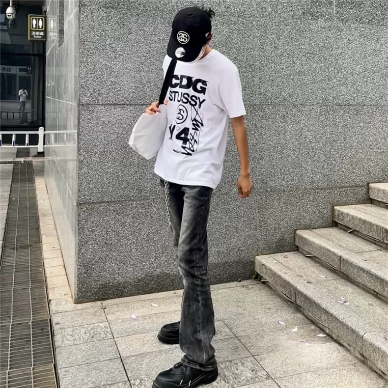 潮耐磨扎花牛仔裤黑水洗喇叭牛仔布长裤青少年K7083-P45网图,男装牛仔裤,电商B245