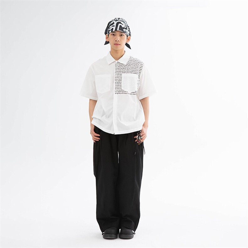南夏乔装2025夏季新款日系撞色口袋印花休闲短袖衬衫复古宽松衬衣,男装衬衫,电商S006（B521）