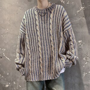 混色毛衣男冬季潮牌针织衫复古慵懒风线衣外套1001-1-M266-P52,背带裙搭配什么颜色上衣好看图片