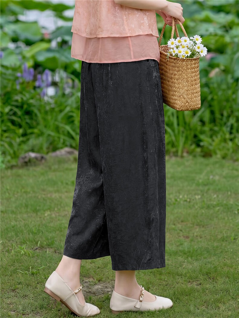 现货提花休闲裤女中年2026夏新中式款松紧腰宽松大码显瘦阔腿裤子,女装休闲裤,璐依舞
