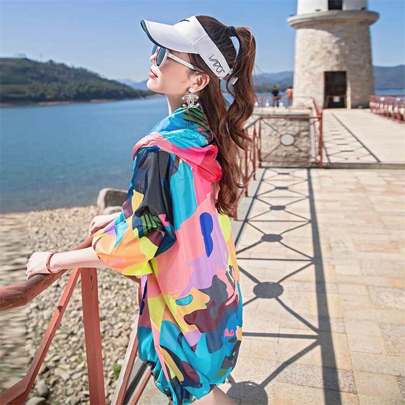 2025夏季新款迷彩印花防晒衣女中长款欧货宽松大码轻薄透气开衫潮,女装防晒衣,可可小西