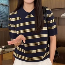 2025夏季新款翻领冰丝短袖T恤女宽松显瘦薄款Polo领针织条纹上衣，女装针织衫/毛衣，萱芳婷羊绒