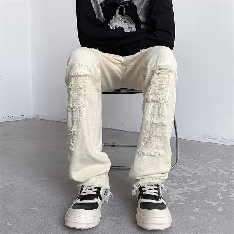 美式vintage毛边破洞牛仔裤男ins潮直筒显瘦高街微喇叭裤子-N235,男装牛仔裤,星座601-2