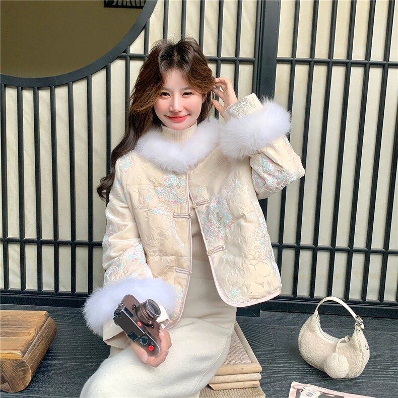 重工亮片刺绣新中式古典风狐狸毛羽绒服5176-P430-K638,女装羽绒服,2C126