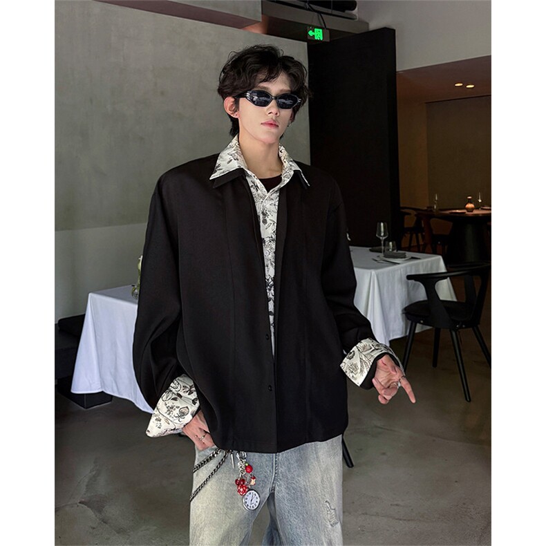 假两件花领衬衫男长袖夏季痞帅高级感老钱风穿搭美式复古衬衣外套,男装衬衫,电商B319