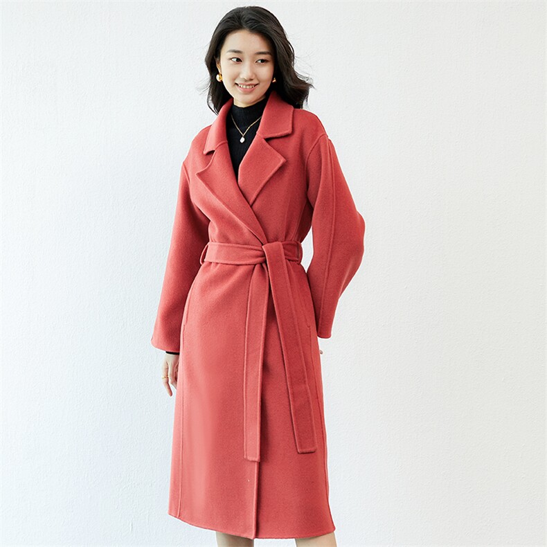 高端中长款系带修身双面羊绒大衣女羊毛呢子秋冬毛呢外套克莱因蓝，女装毛呢外套，高哲羊绒