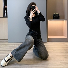 女春新款时尚减龄套装修身纯欲不规则斜肩领口上衣牛仔长裤两件套，女装套装/套裙，2C310