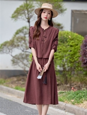 2026年夏季新款重工刺绣假两件文艺休闲风文艺风连衣裙，女装连衣裙，依恋蒂丝
